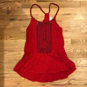 Red tank top with navy blue detail